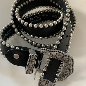Top Shop Black Leather Studded Belt with Silver Beaded Trim S/M
